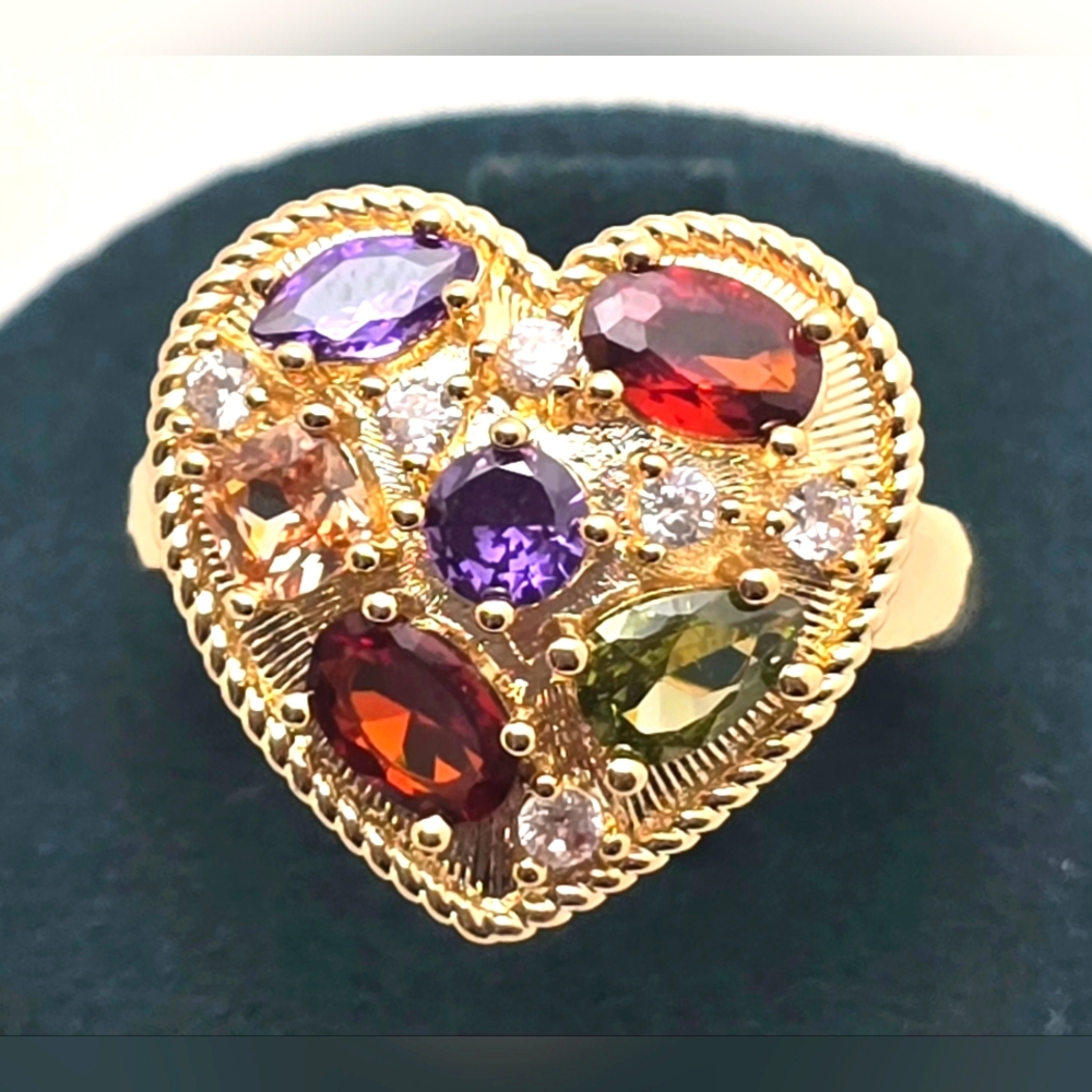 14K Gold Plated, heart multi shape cubic zirconia accent ring